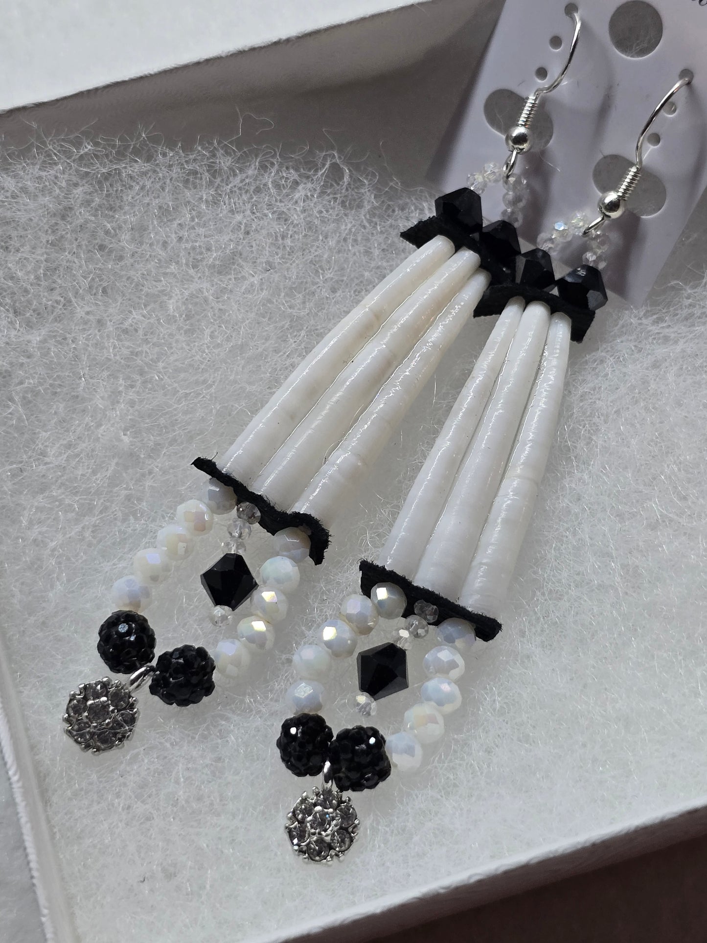 Dentalium shell earrings, white/black