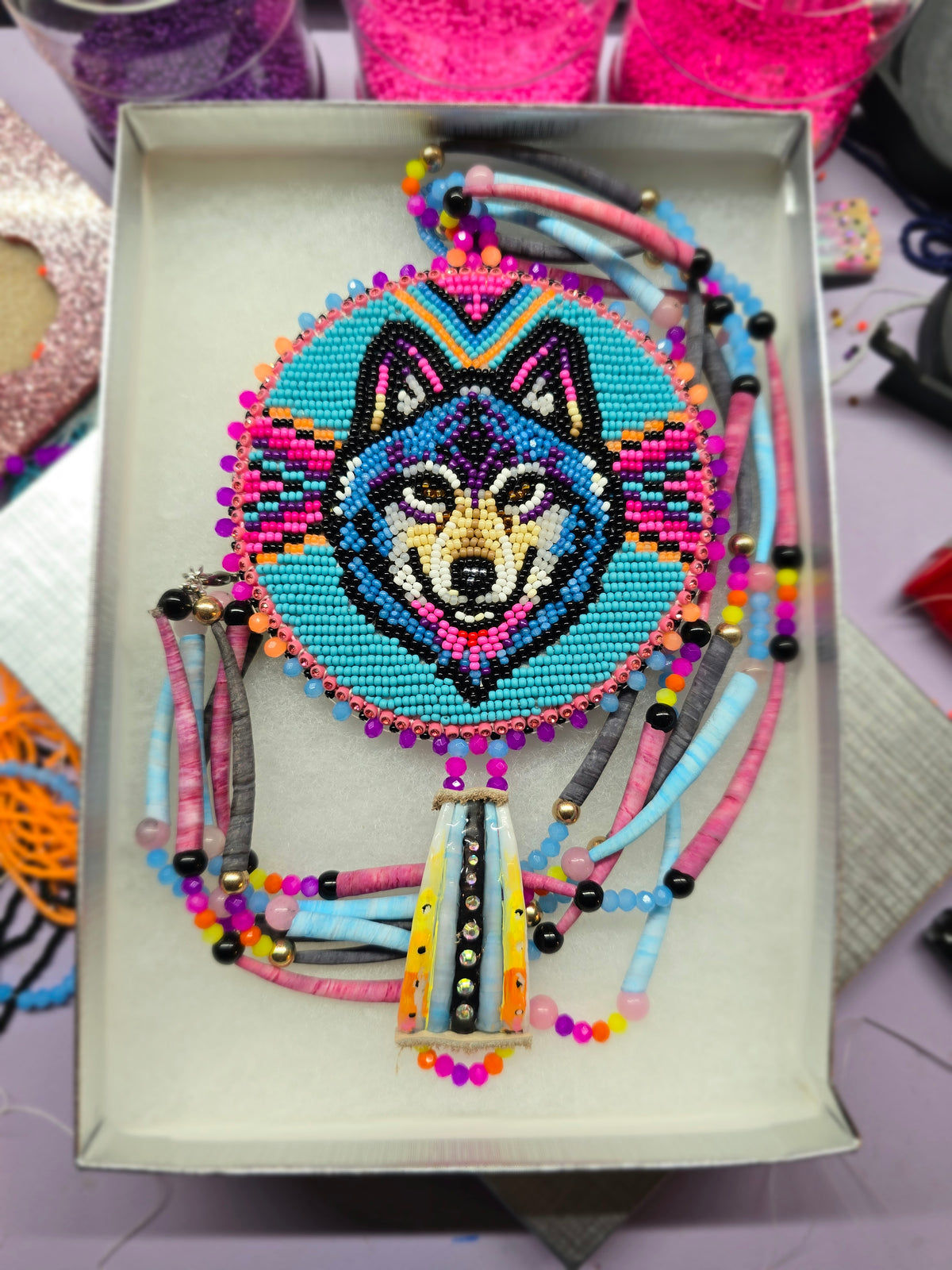 4" Fully beaded Wolf medallion