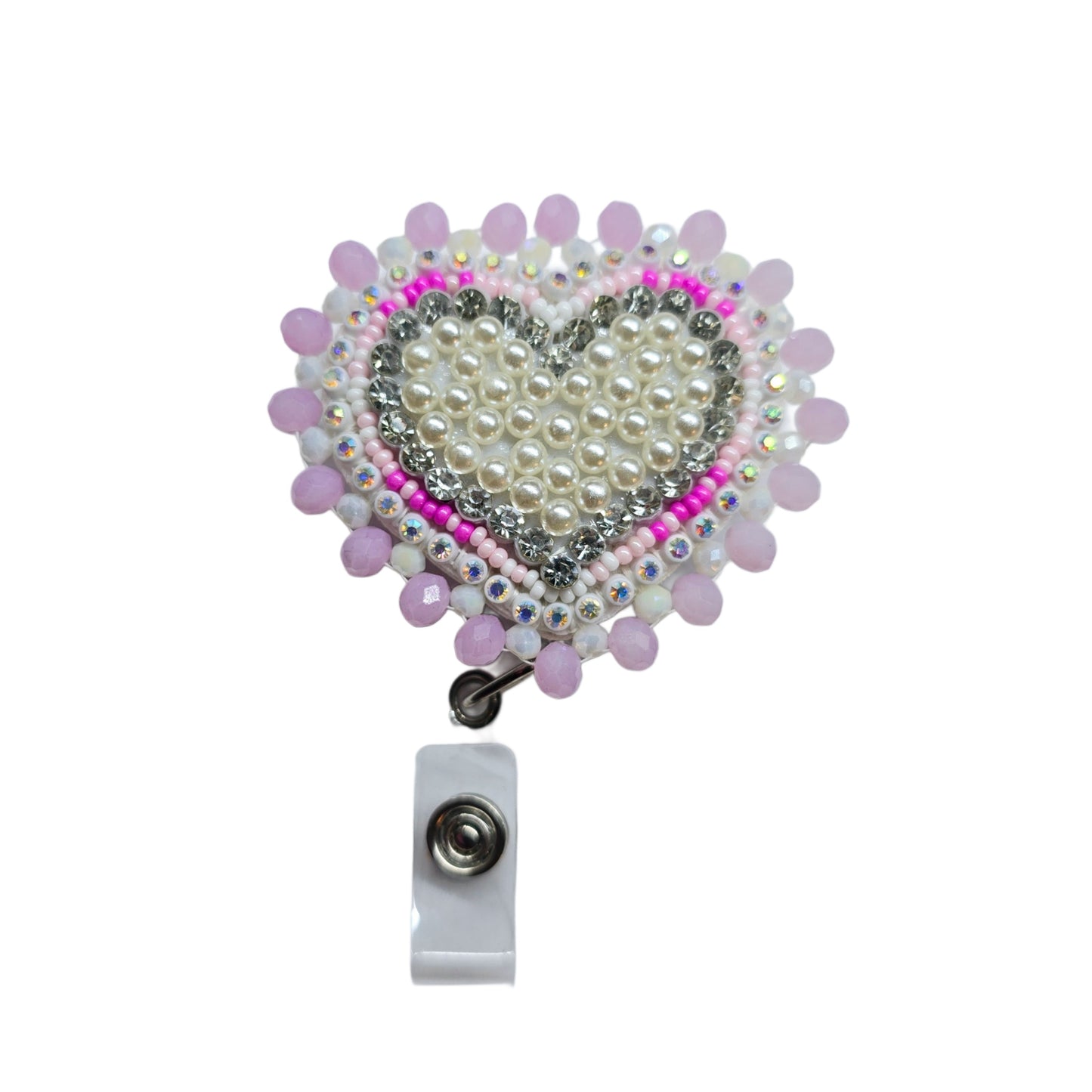 Pearly heart rhinestone retractable badge reel