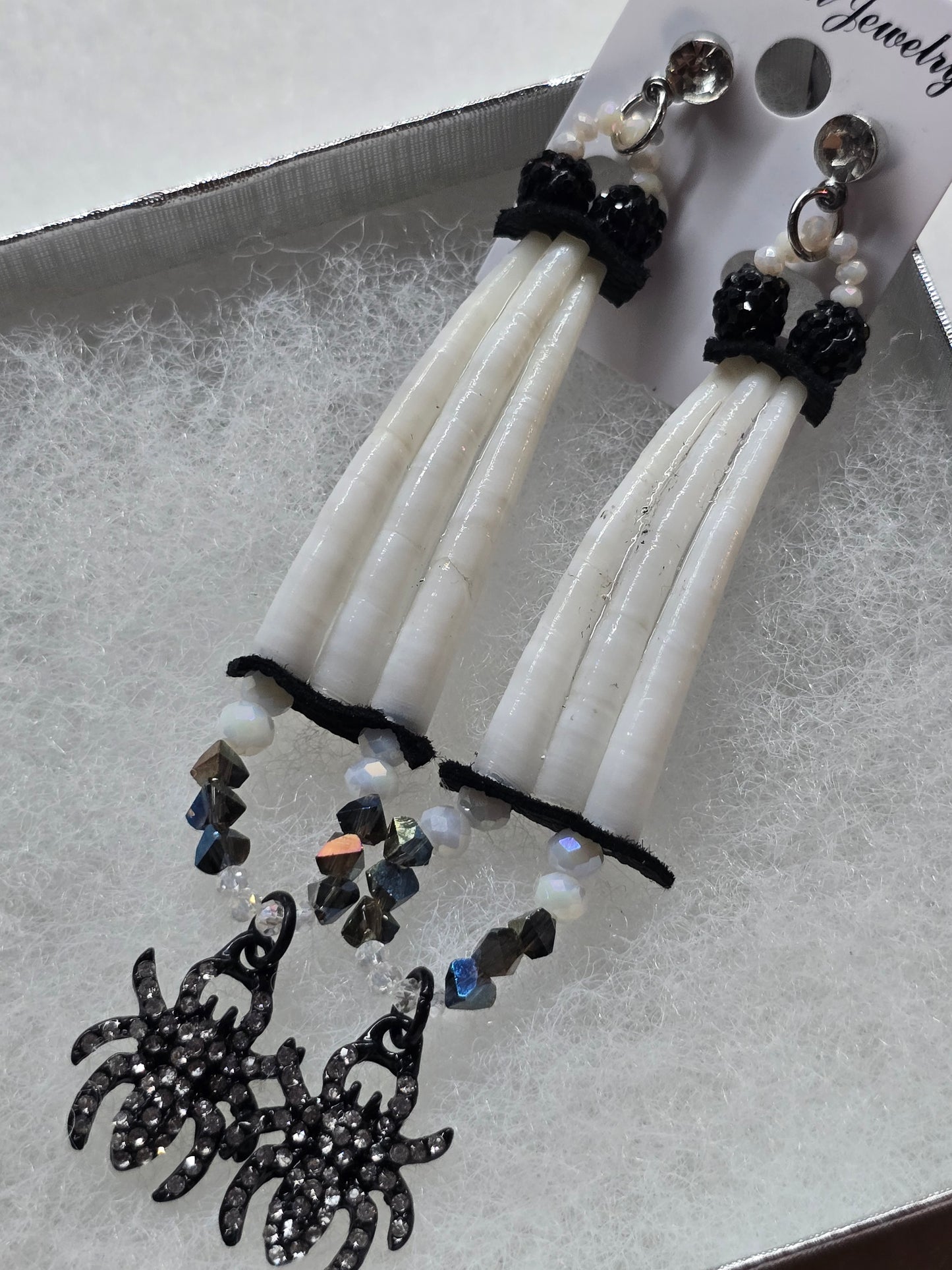 Dentalium shell earrings, spider/black