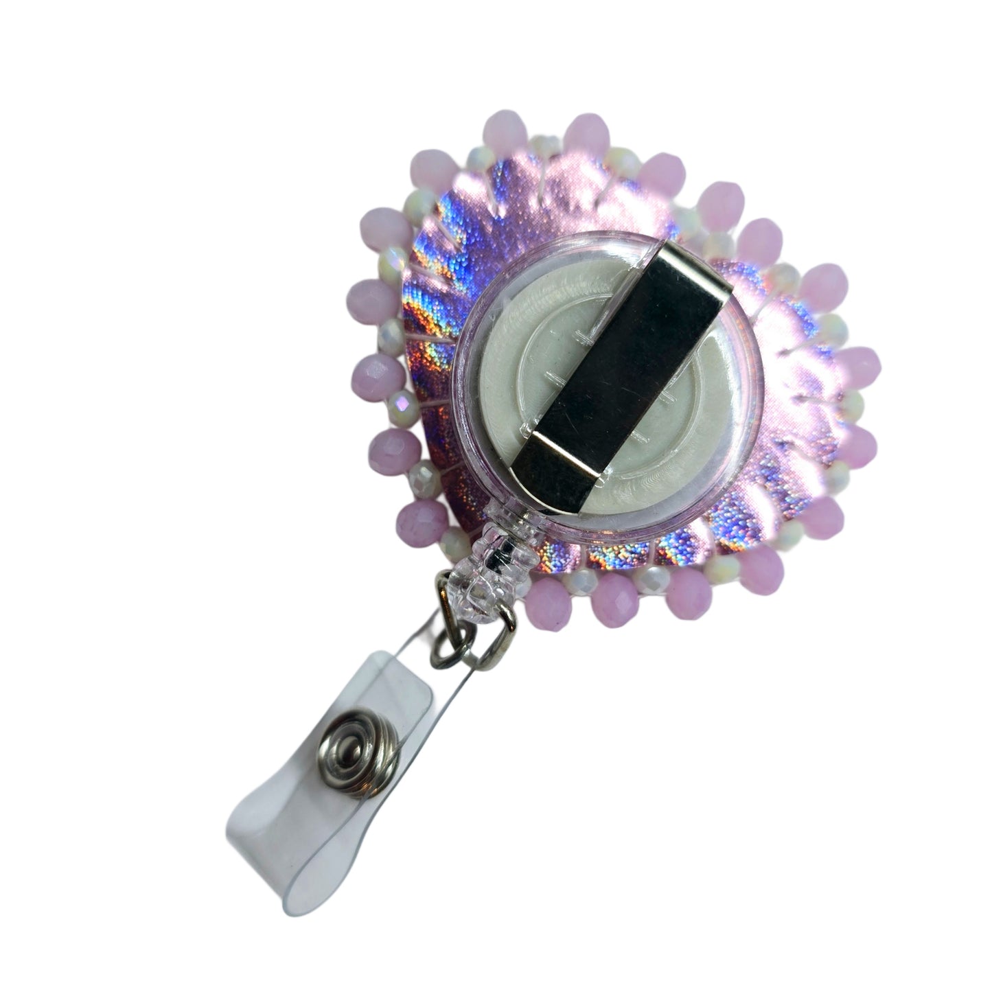 Pearly heart rhinestone retractable badge reel
