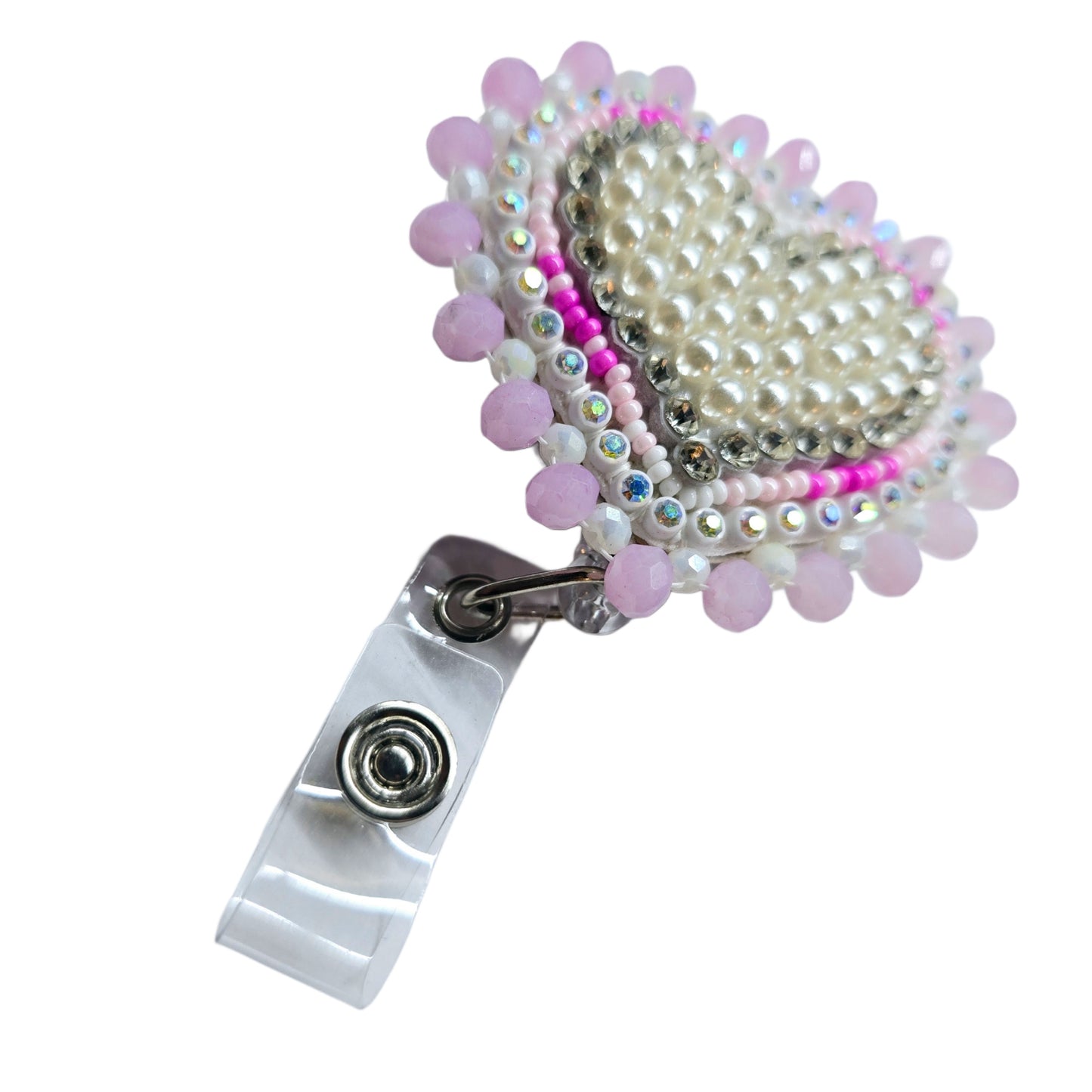 Pearly heart rhinestone retractable badge reel