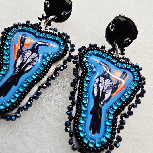 Beaded earrings post dangles waterbird, black/blue