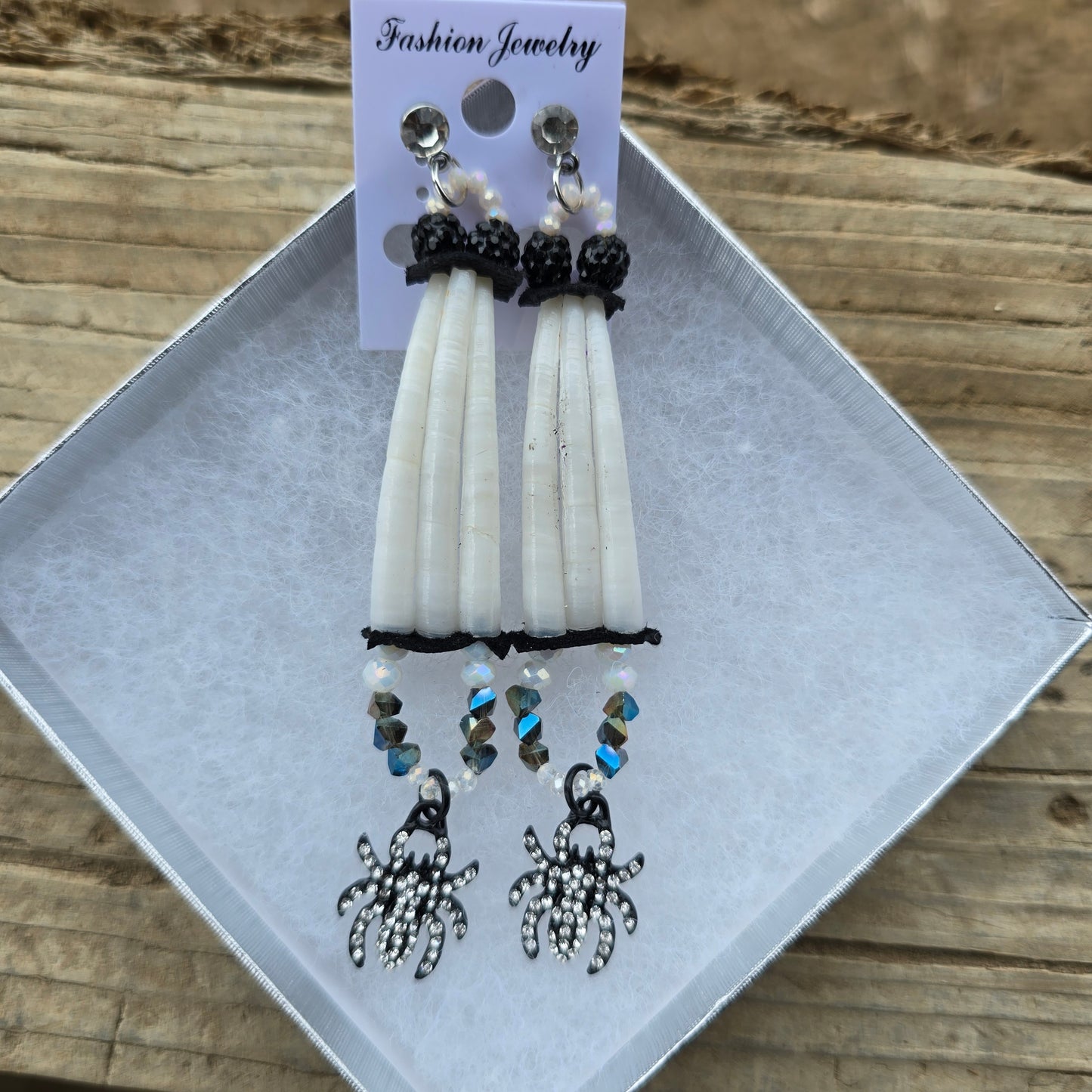 Dentalium shell earrings, spider/black
