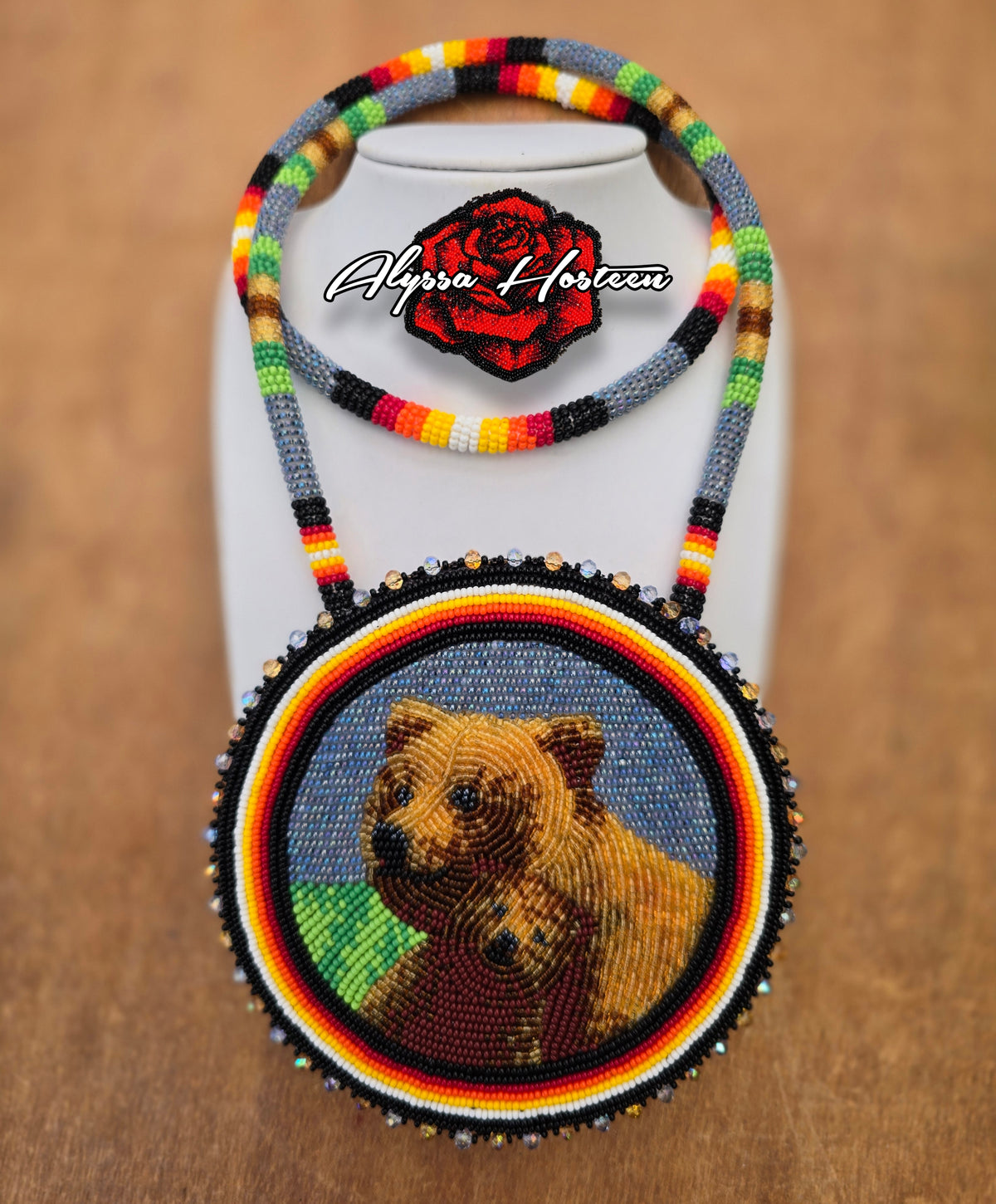 Momma and baby bear beaded medallion necklace