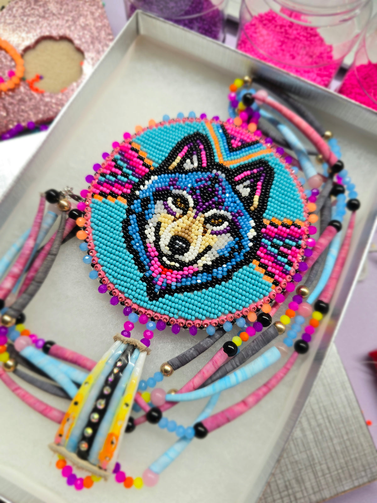 4" Fully beaded Wolf medallion
