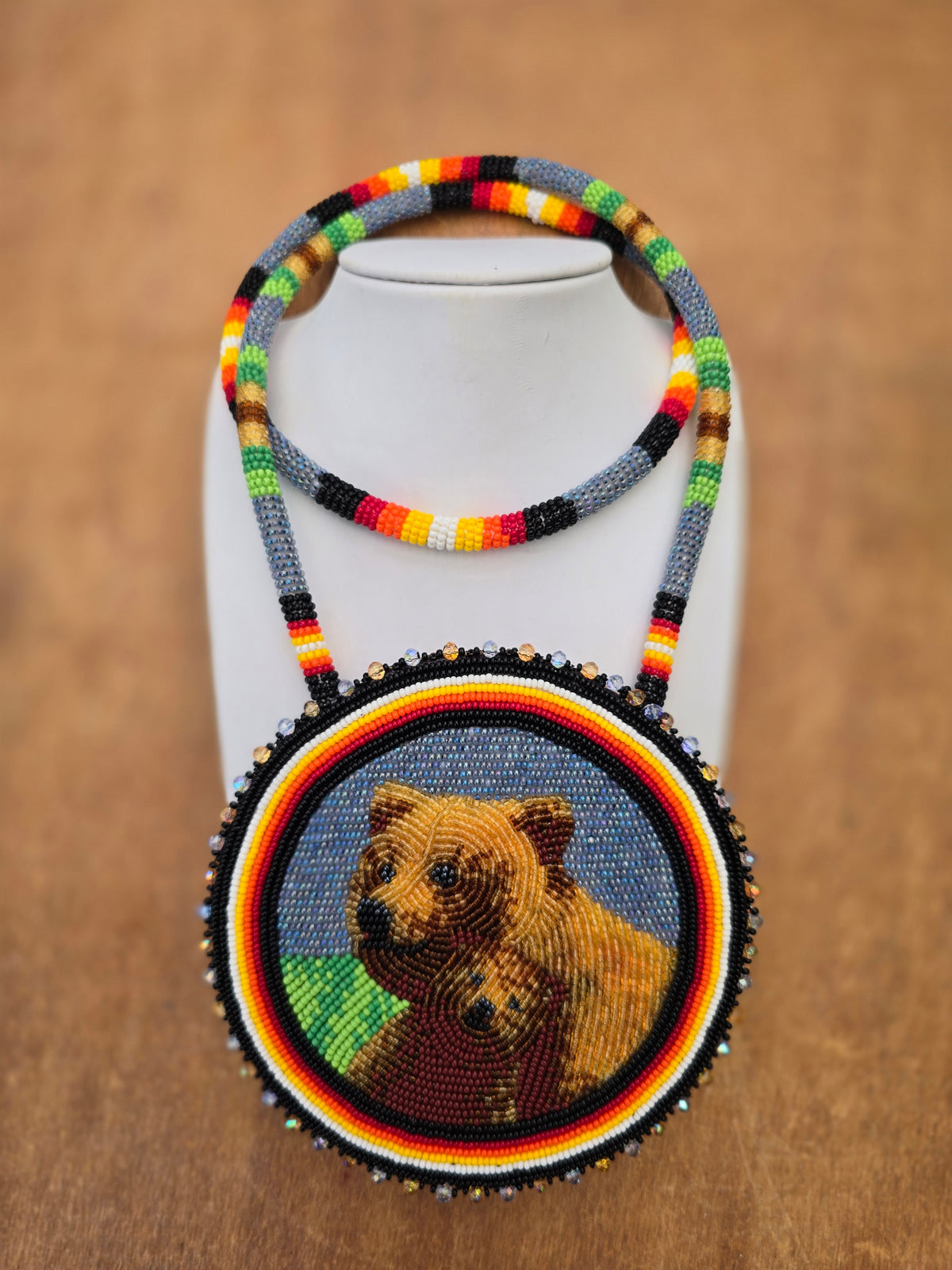 Momma and baby bear beaded medallion necklace