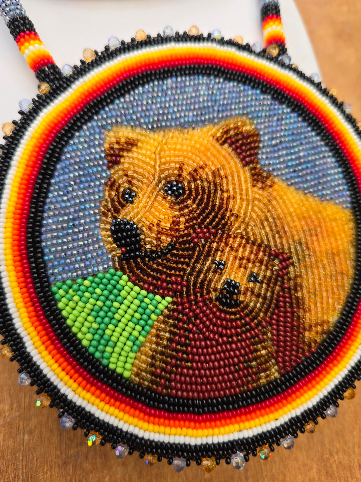 Momma and baby bear beaded medallion necklace