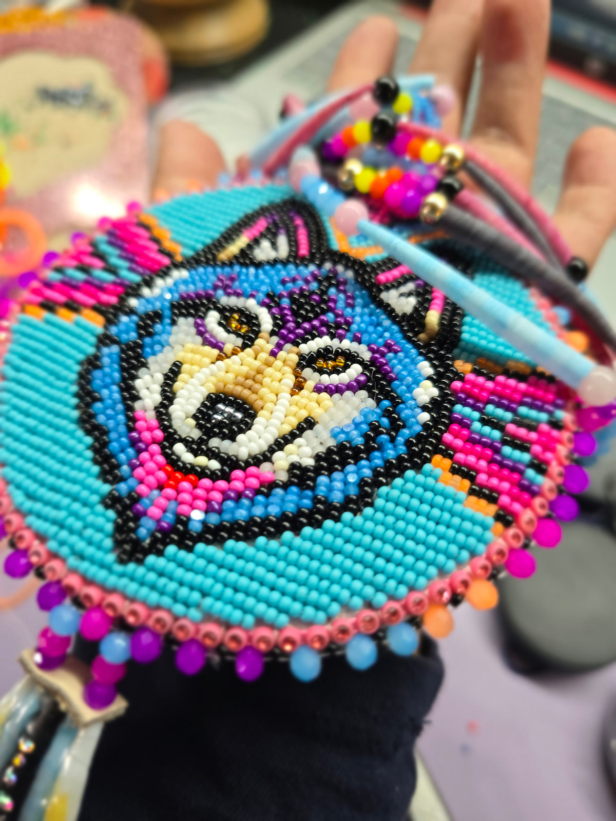 4" Fully beaded Wolf medallion