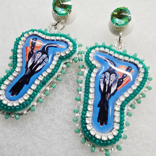 Beaded earrings post dangles waterbird, aqua green/turquoise blue