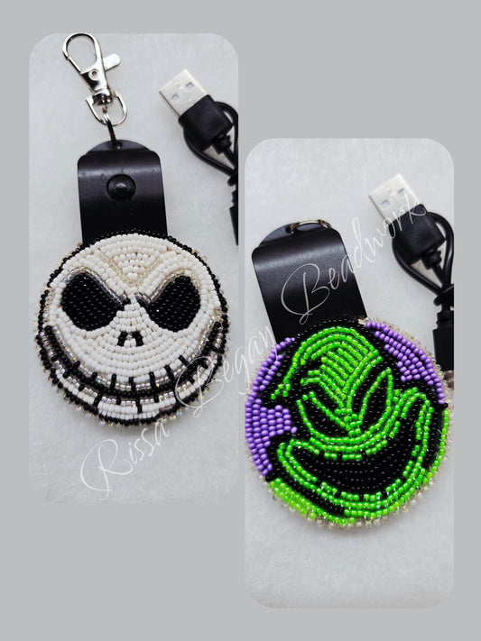 Double sideded beaded rechargeable LED light up keychain NBC w/usb charger