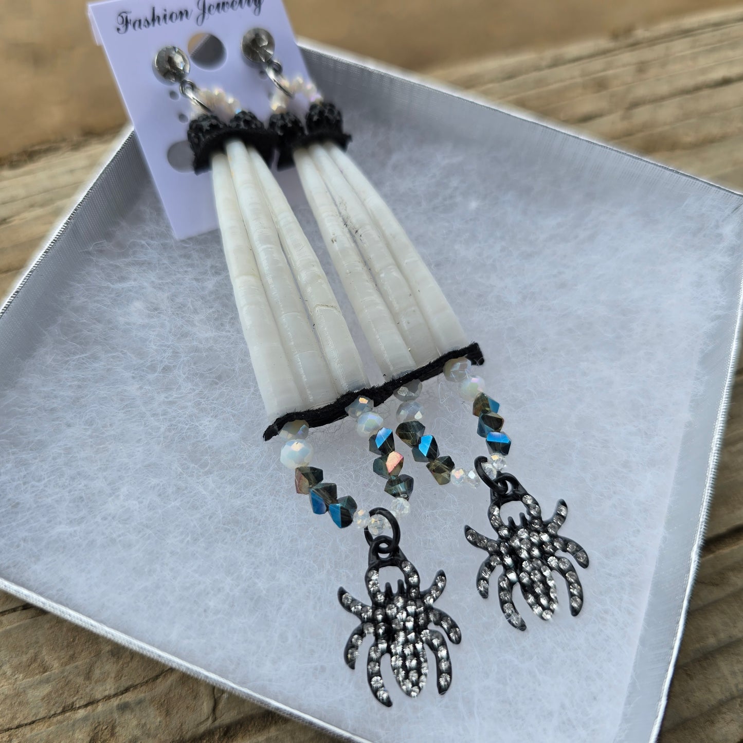 Dentalium shell earrings, spider/black